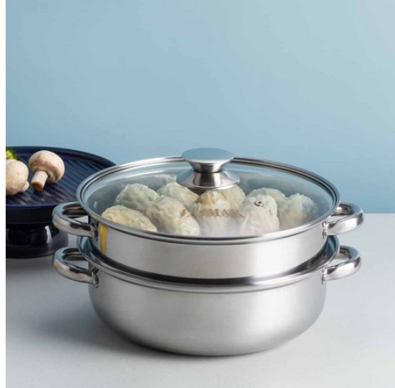 [VAIMAR] antique stainless steel 28cm 2- tier steamer